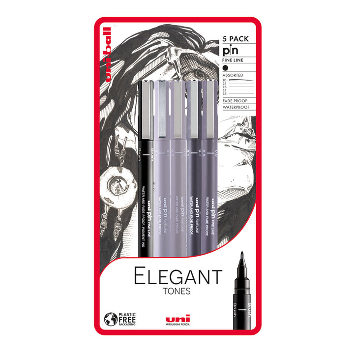 UNI PIN - Elegant tones sada 4 ks linerů a 1 brush penu Uni-pin