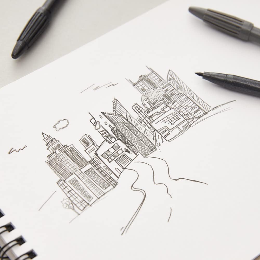 Ukázka skicování architektury šedými linery Monami Plus Pen 3000 v bloku