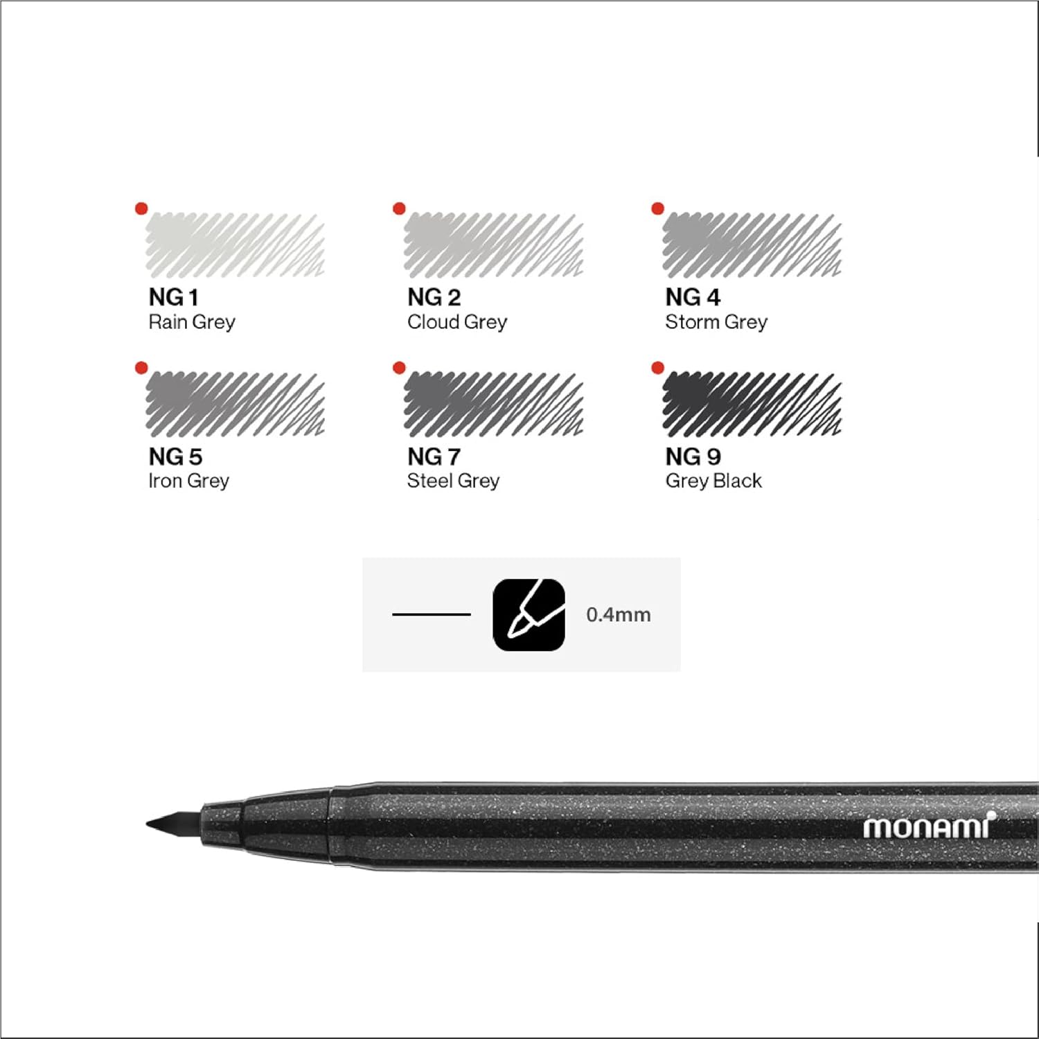 Detail hrotu lineru Monami 0,4 mm a vzorník šesti odstínů šedé od Rain Gray po Gray Black