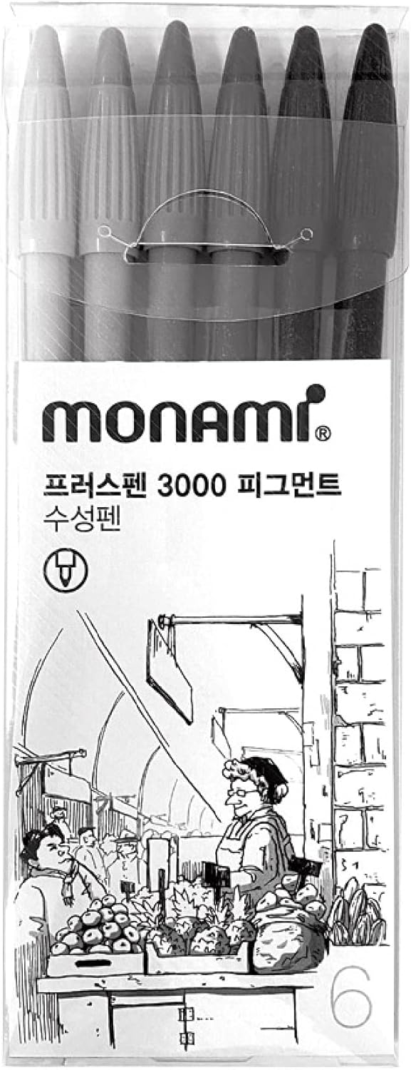 Originální balení šedé sady Monami Plus Pen 3000 s uměleckou ilustrací na obalu