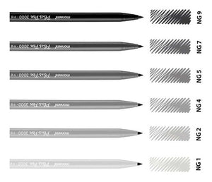 Srovnání intenzity šedých pigmentových inkoustů Monami Plus Pen od nejsvětlejší po nejtmavší