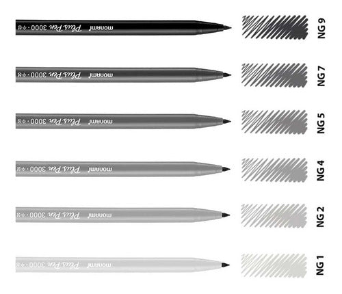 Srovnání intenzity šedých pigmentových inkoustů Monami Plus Pen od nejsvětlejší po nejtmavší